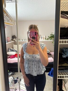 Light Blue Floral Ruffle Strap Smocked Camisole